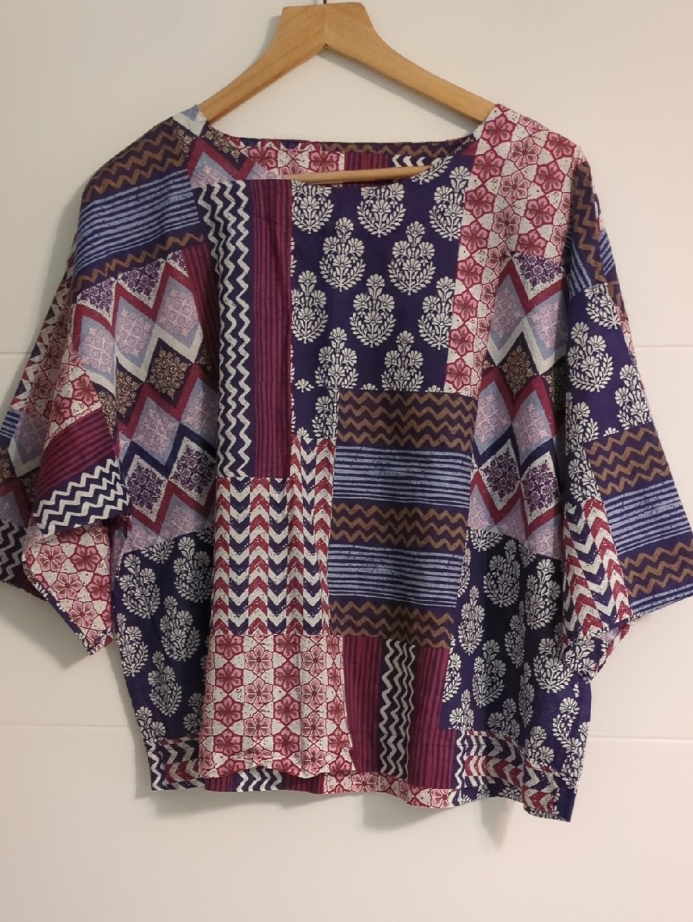 J.jill Women’s Navy & Burgundy Patchwork Print Lightweight Oversized Tunic Top S